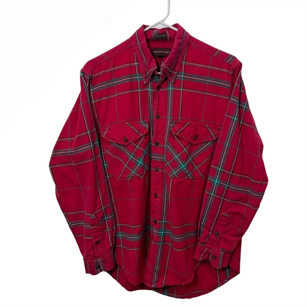 Chaps Ralph Lauren Red Plaid Flannel 100% Cotton Button Down Shirt, Large